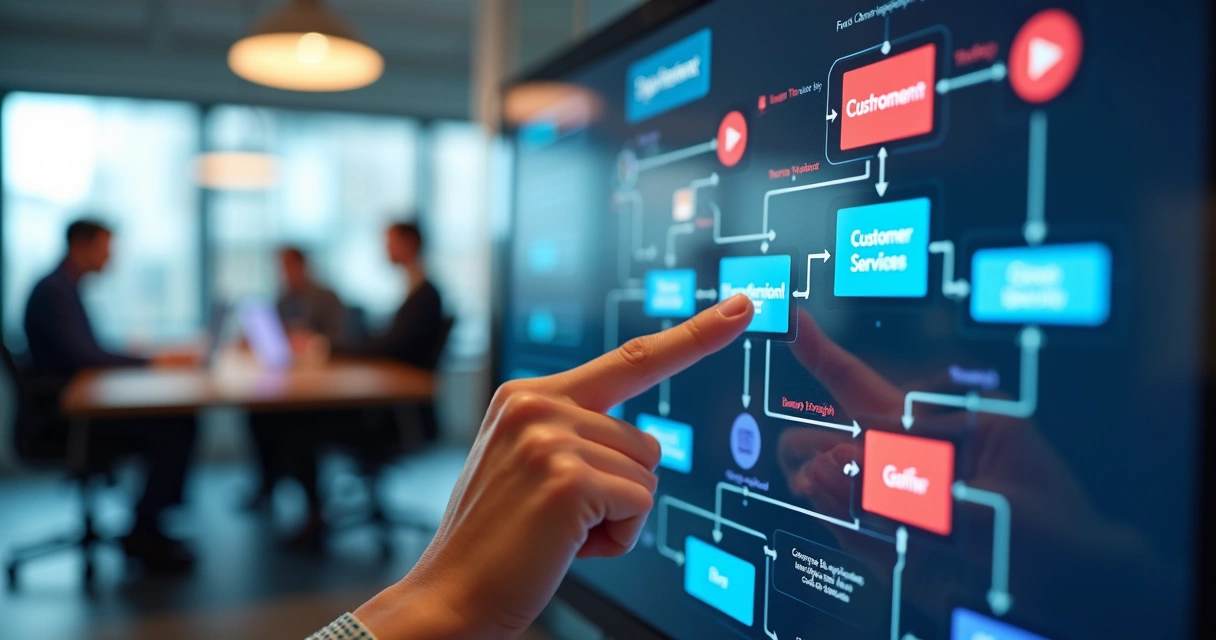 Painel digital mostrando fluxo de automação de atendimento no CRM 