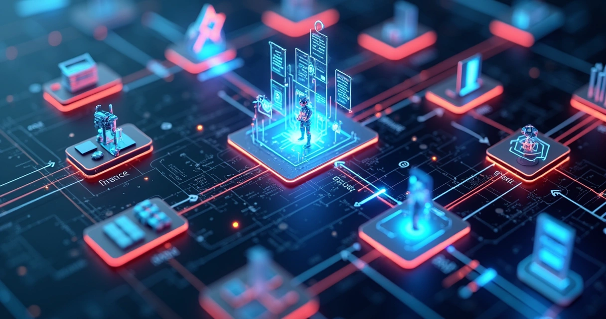 Fluxograma colorido conectando setores empresariais diversos com robôs digitais e gráficos de IA 