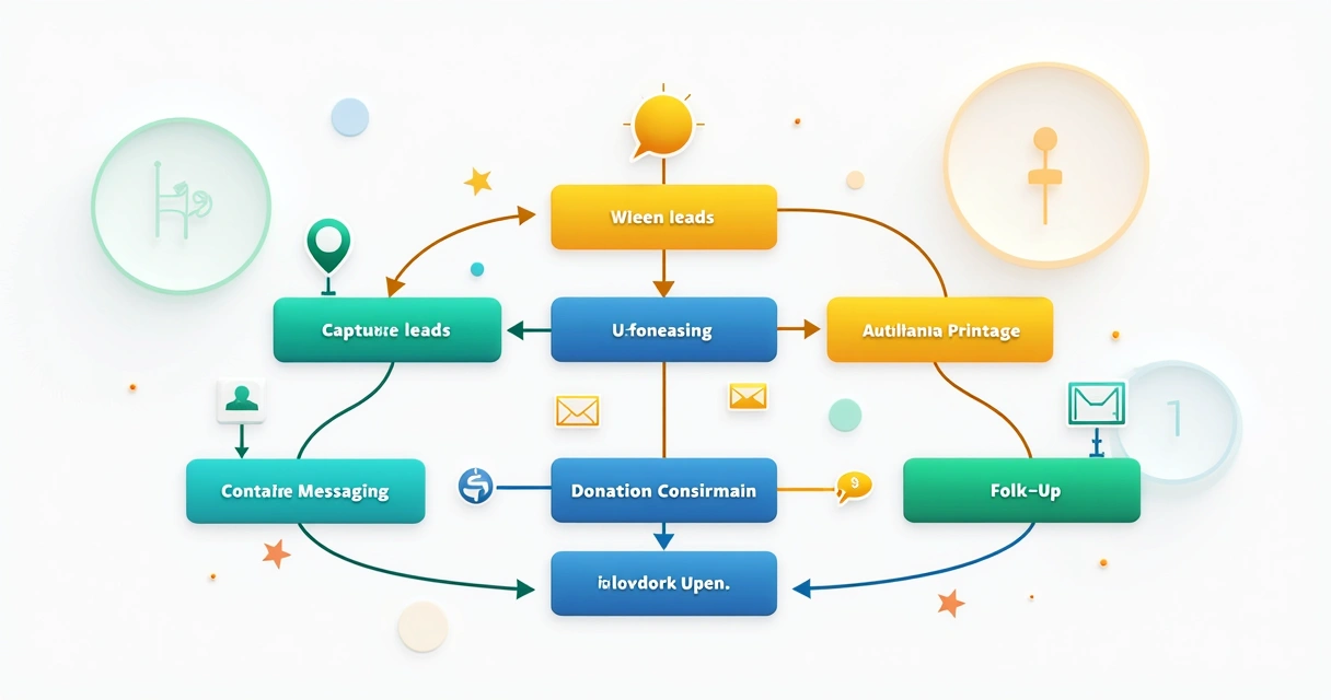 Diagrama colorido mostrando etapas de um fluxo de automação de doações online 