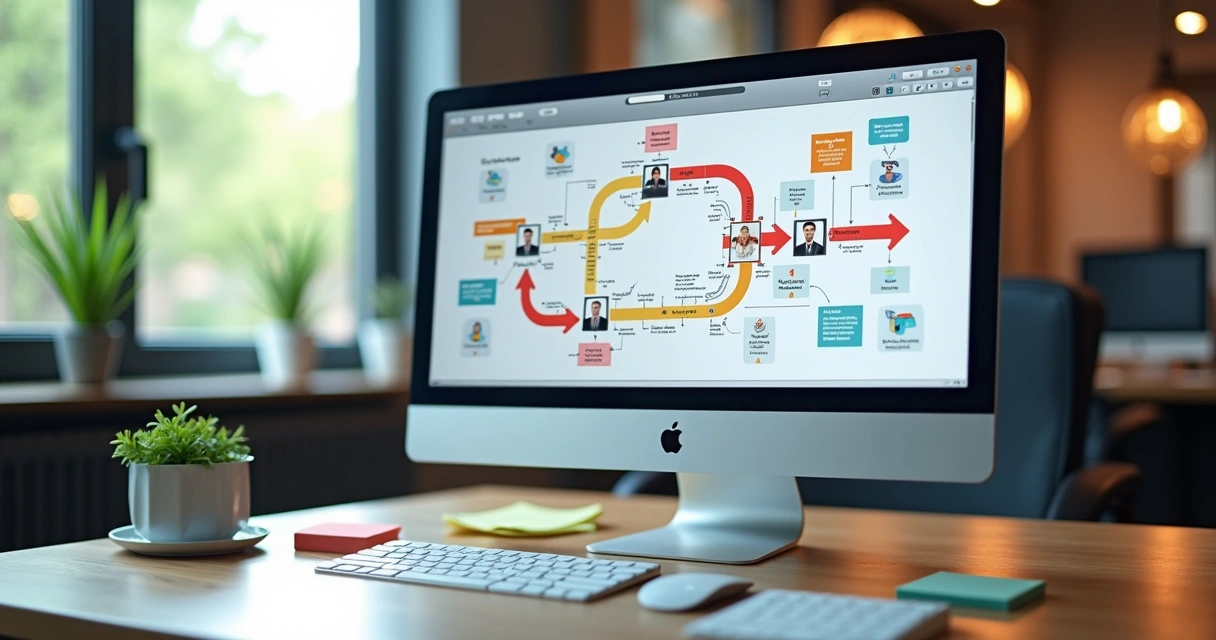 Fluxo visual de automação de e-mails em tela de computador 