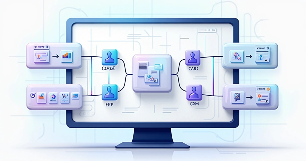 Fluxo gráfico demonstrando automação visual conectando ERP e CRM 