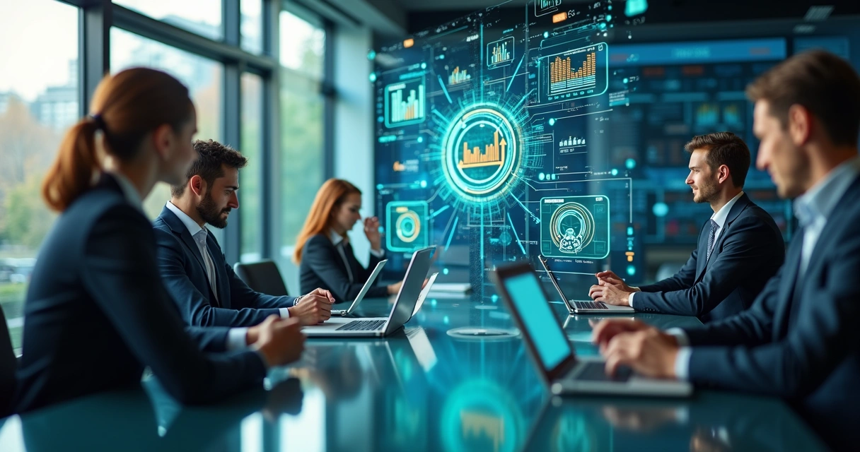 Interface digital com gráficos, ícones de automação, conexões entre sistemas e pessoas colaborando em ambiente de escritório moderno 