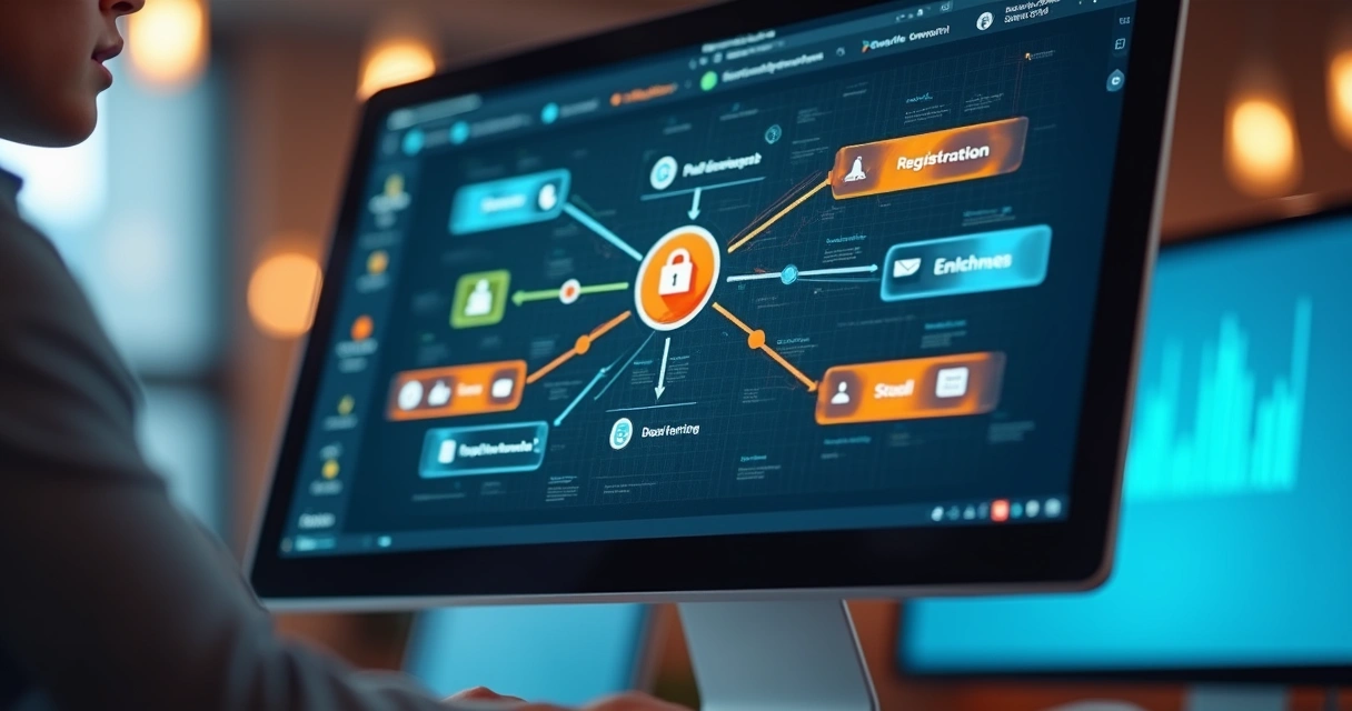 Fluxo digital representando as etapas do lead scoring na tela de um computador 