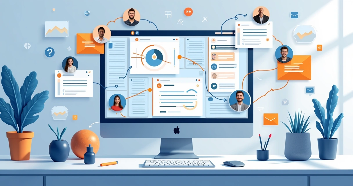 Fluxo visual de automação de marketing integrando e-mail, redes sociais e CRM 