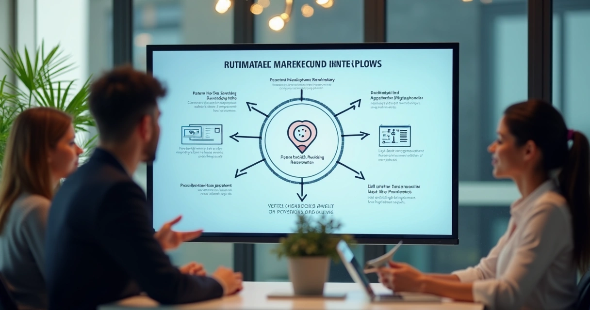 Fluxo de automação de marketing exibido em tela digital em clínica moderna 