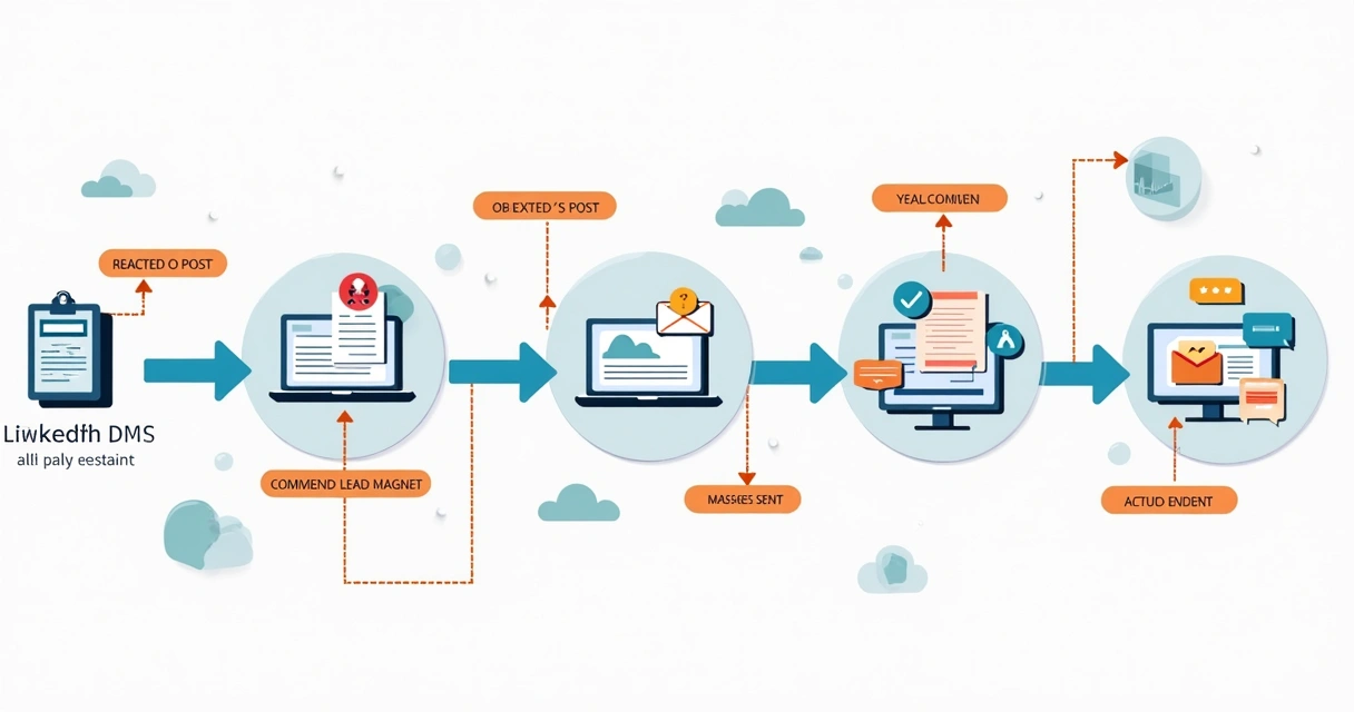 Fluxo visual de automação de mensagens LinkedIn com etapas de qualificação 