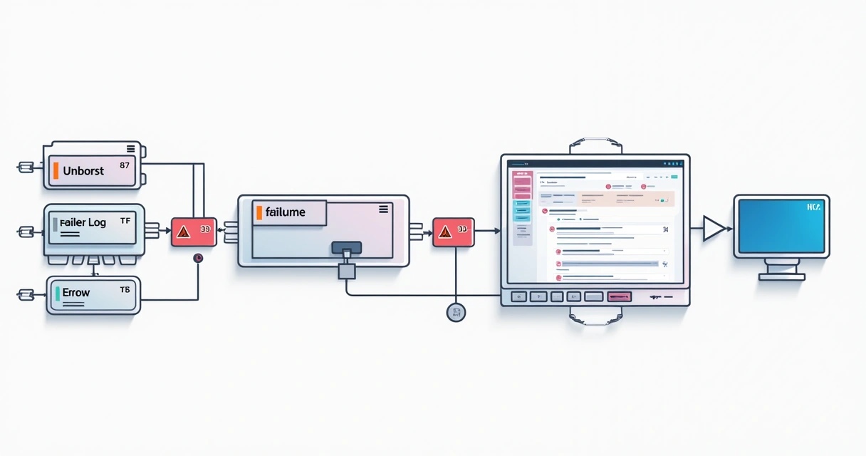 Diagrama de fluxo de automação com destaque em etapas de erro 