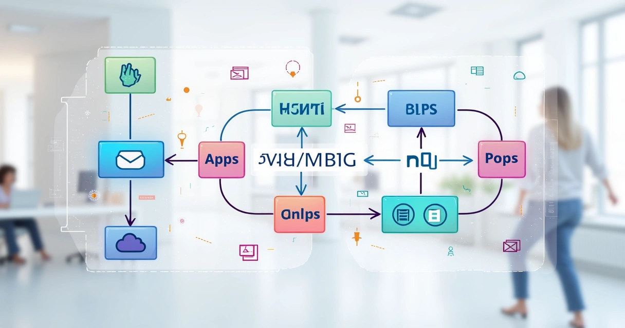 Diagrama colorido de um fluxo de automação empresarial usando blocos conectados em uma interface digital 
