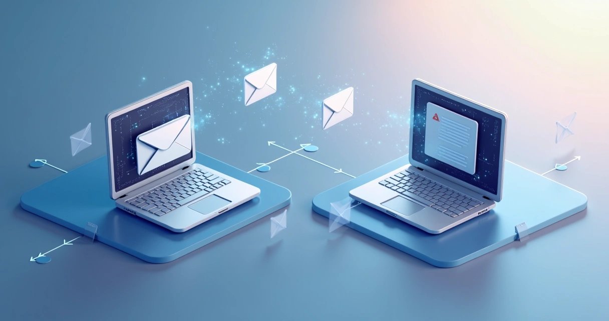 Fluxo ilustrando automação de envios de newsletters com computadores conectados a várias caixas de entrada. 