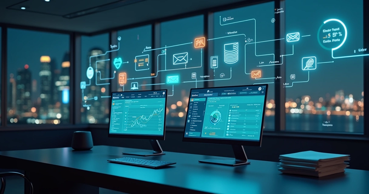 Painel futurista exibindo fluxo automatizado de notificações multicanais 