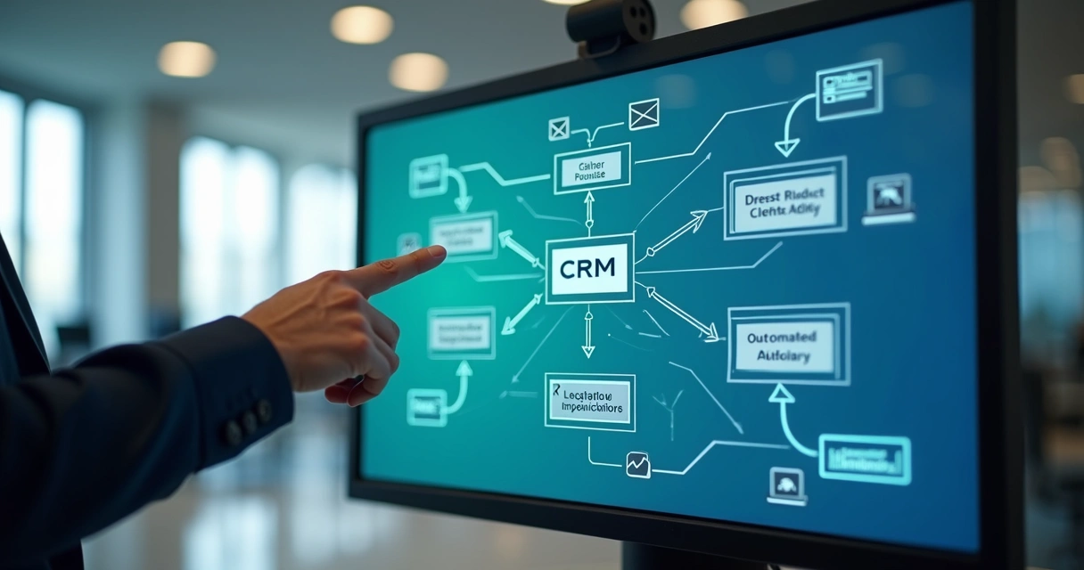 Fluxo de automação do CRM em uma tela digital 
