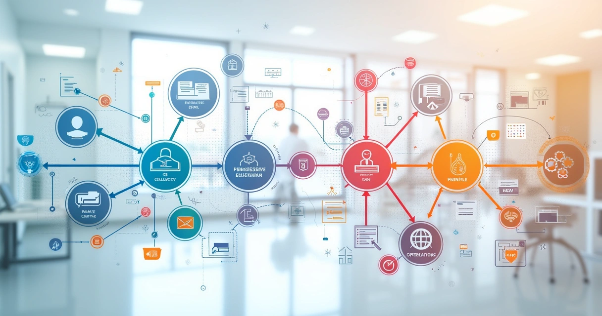 Diagrama visual de um fluxo automatizado com diferentes sistemas conectados 