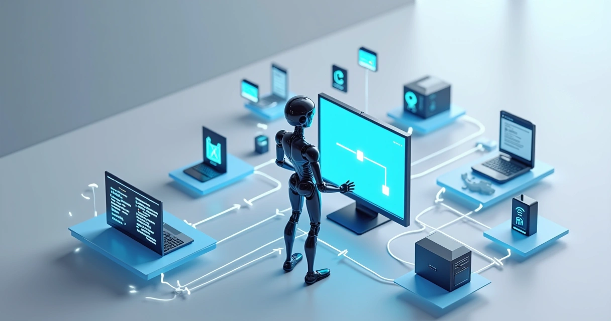 Fluxograma de automação digital com robô, computadores e tarefas interligadas 