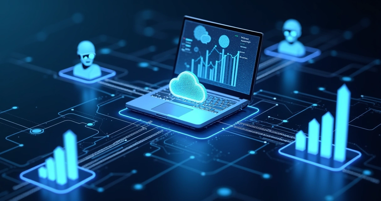 Fluxo de automação digital com ícones de nuvem, computador, chatbots e gráficos de crescimento conectados 