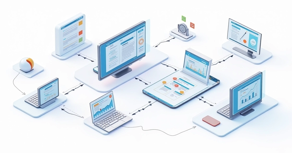 Fluxo de automação entre sistemas de vendas desenhado digitalmente, ilustrando integrações e fluxos de trabalho 