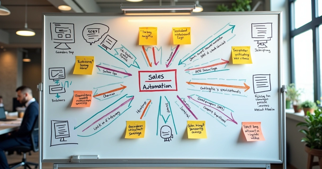 Quadro branco com fluxograma de automação de vendas, incluindo emails e gatilhos 