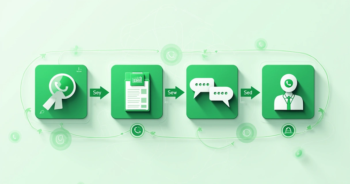 Fluxograma digital colorido mostrando etapas de automação de vendas B2B no WhatsApp. 