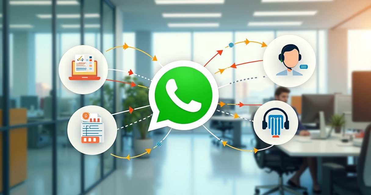 Representação visual de dados fluindo automaticamente entre WhatsApp, CRM e atendimento 