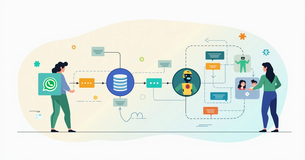 Fluxo de automação ilustrado com WhatsApp e chatbots conectados 