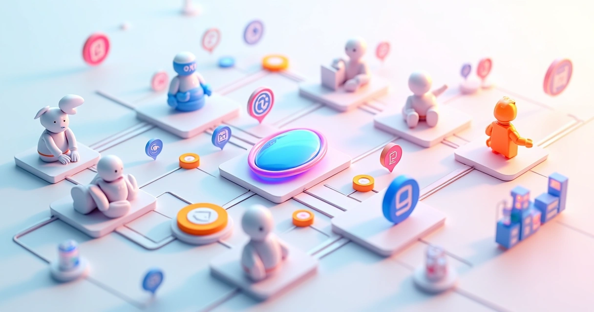 Fluxo automatizado de tarefas com linhas coloridas ligando diferentes aplicativos 