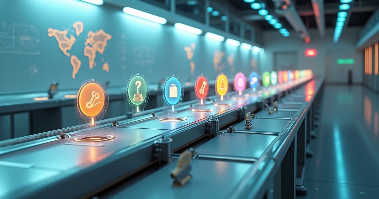 Fluxo automático de chamados de TI representado por esteiras e ícones de suporte técnico 