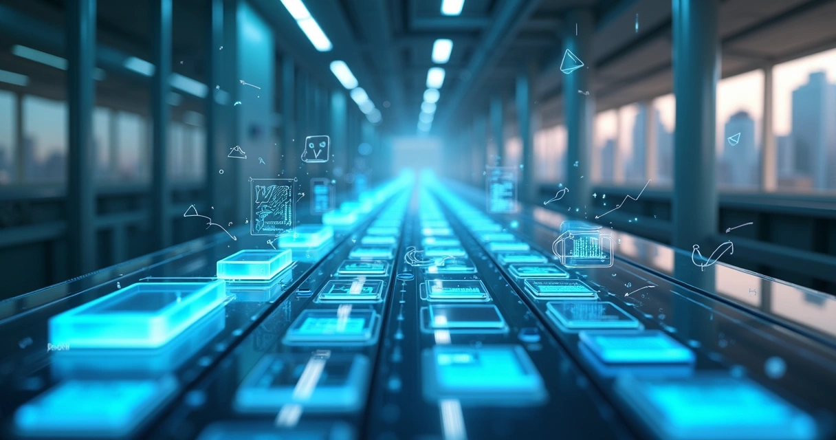 Visualização em 3D de linha de montagem digital processando transações financeiras automáticas 