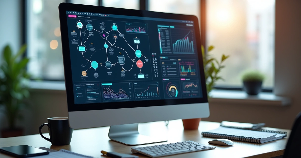 Tela de computador mostrando interface de fluxo automático com gráficos e conexões visuais de IA 