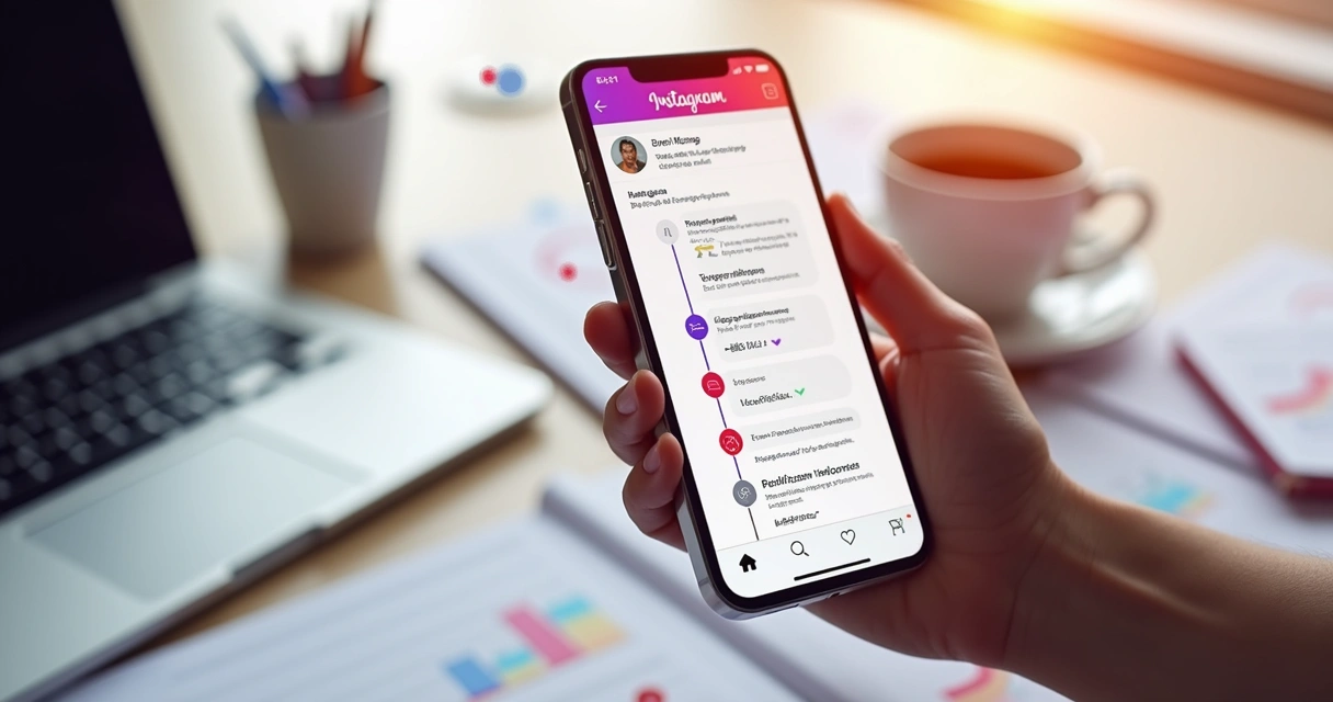 Tela de smartphone mostrando automação de fluxo de mensagens no Instagram com interface moderna e gráficos de desempenho 