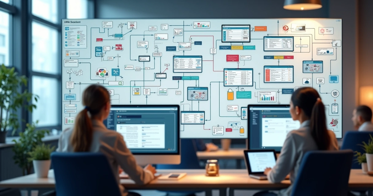 Representação visual do fluxo automatizado do RH, conectando diferentes áreas e processos 