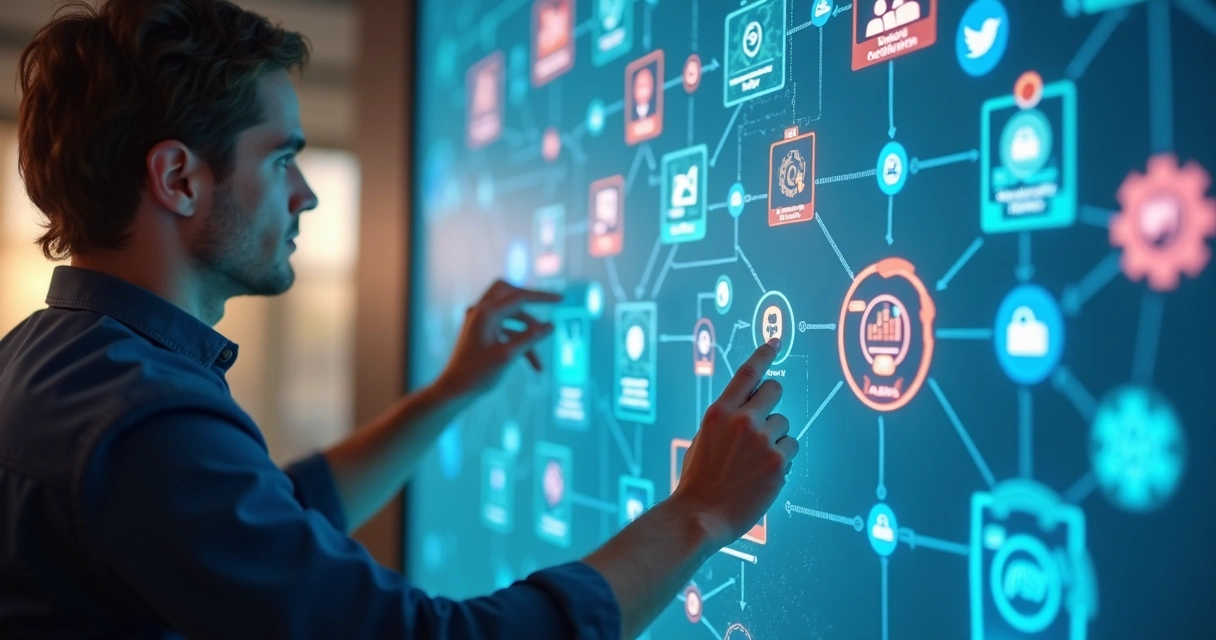 Fluxo visual de automação de atendimento ao cliente com chat, e-mail e telefone 
