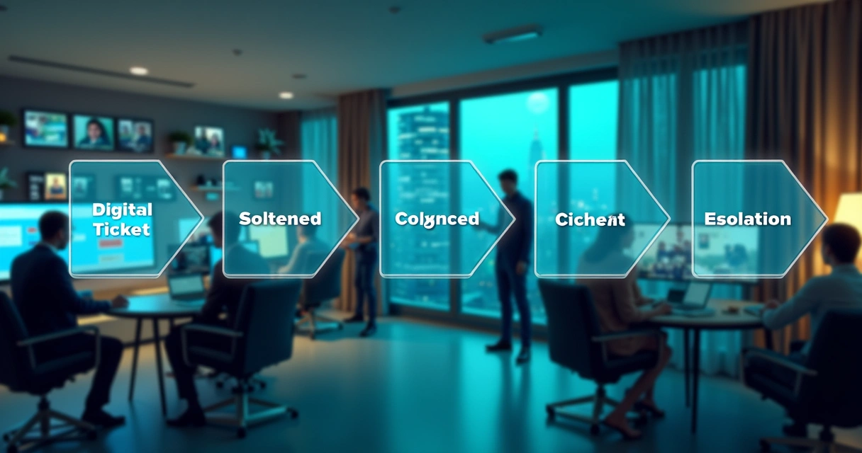 Fluxo automatizado de chamados em condomínio, setas indicando escalonamento, telas digitais ao fundo 