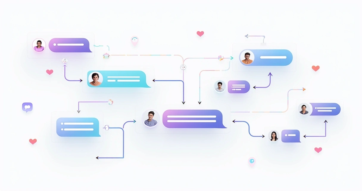 Fluxo visual de automação com mensagens entre perfil e seguidores no Instagram 