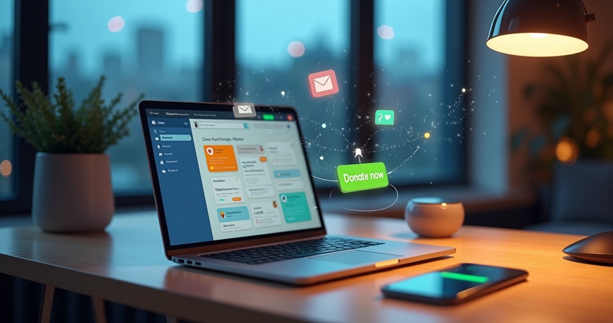 Painel digital exibindo fluxo automatizado de doações online em um laptop sobre mesa clara 