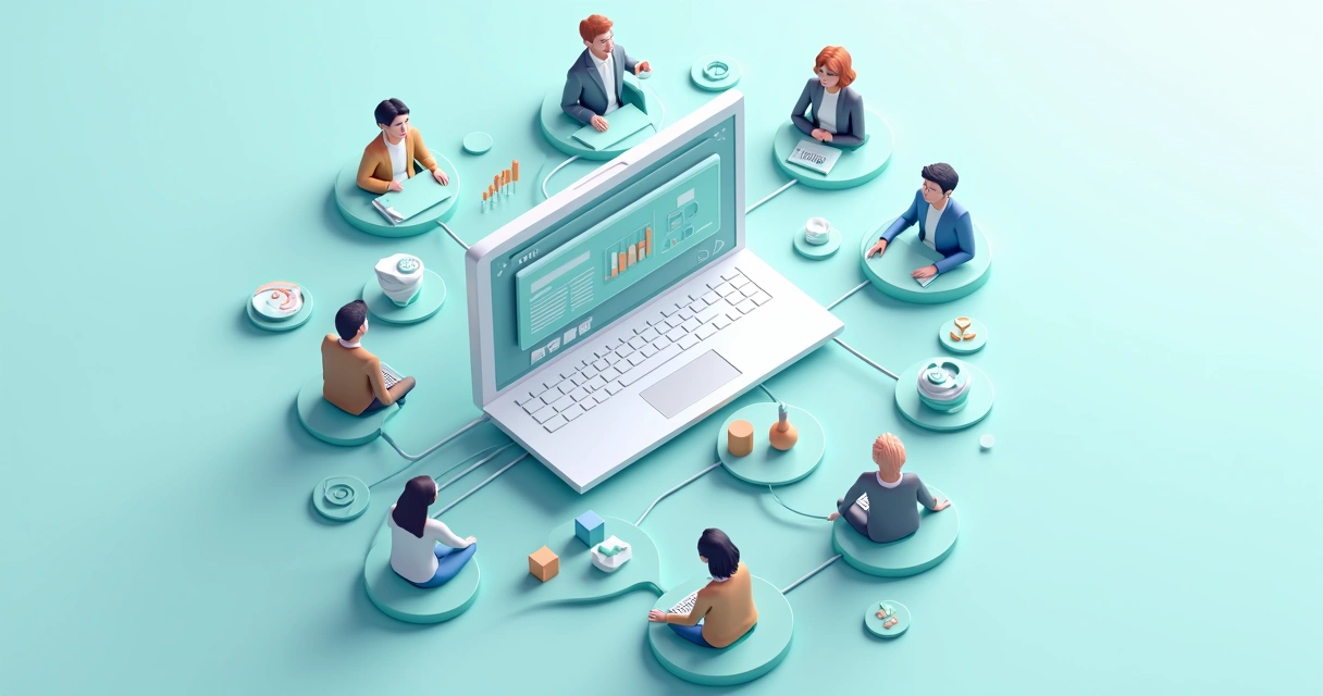 Representação visual de fluxo de trabalho digital com ícones conectando membros de equipe