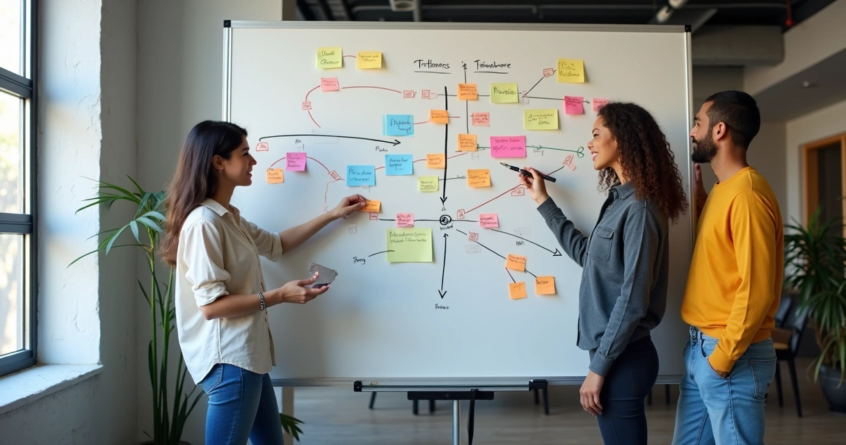 Equipe ao redor de um quadro branco com fluxos automatizados desenhados
