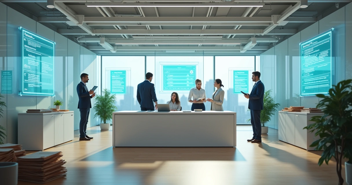 Equipe administrativa cercada por esteiras digitais movendo documentos automatizados 