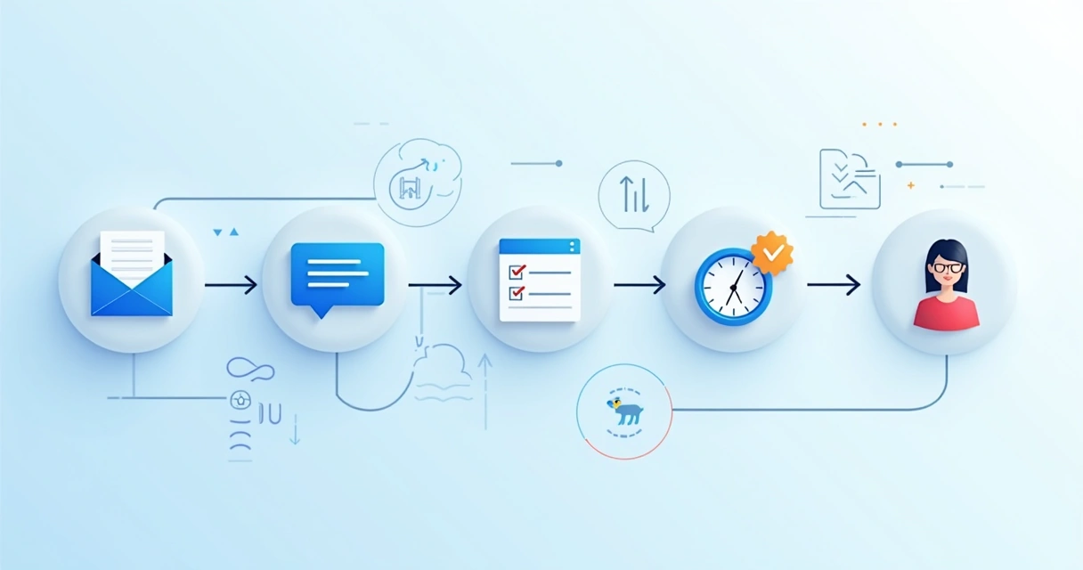 Fluxo automatizado de feedback representado por setas e ícones conectados 