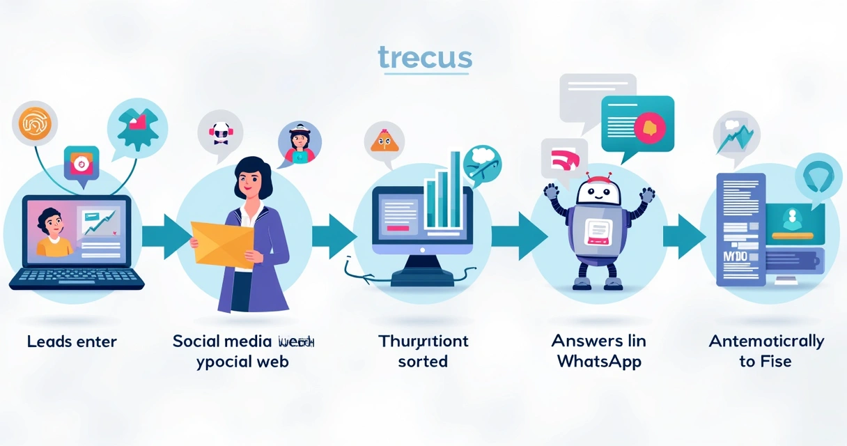Fluxograma visual de leads sendo atendidos por chatbot no WhatsApp 