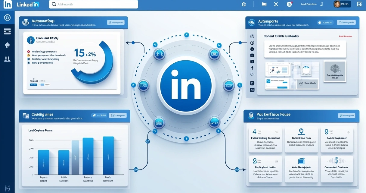 Dashboard representando automação de postagens e fluxo de geração de leads no LinkedIn 