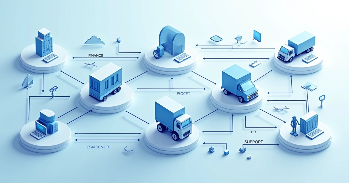 Diagrama visual de fluxo de processos empresariais conectando setores pela automação IA 
