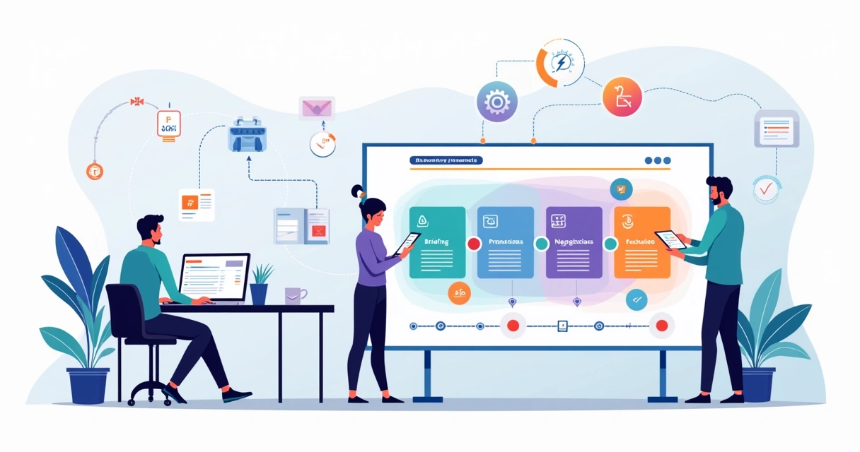 Painel digital mostrando fluxo automatizado de propostas em agência de marketing 