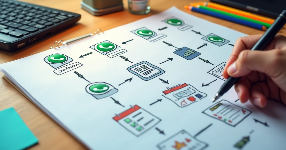 Diagrama de etapas do funil de vendas automatizado no WhatsApp 