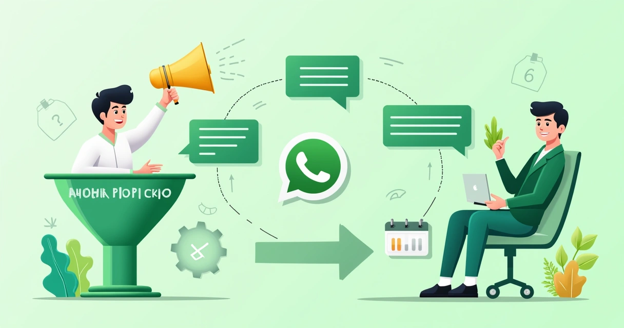 Fluxo de automação de vendas com ícones de WhatsApp, funil de vendas e agendamento 