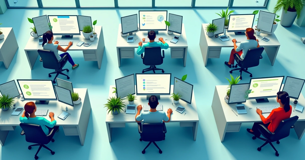 Ilustração de um fluxo de mensagens automatizadas em um ambiente de trabalho digital