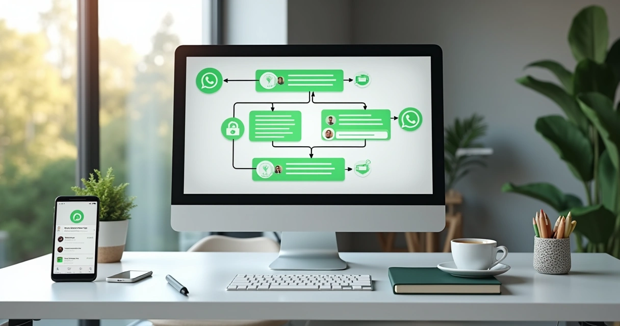 Tela de computador mostrando fluxo automatizado de mensagens no WhatsApp com ícones de chatbot e conexões entre etapas 