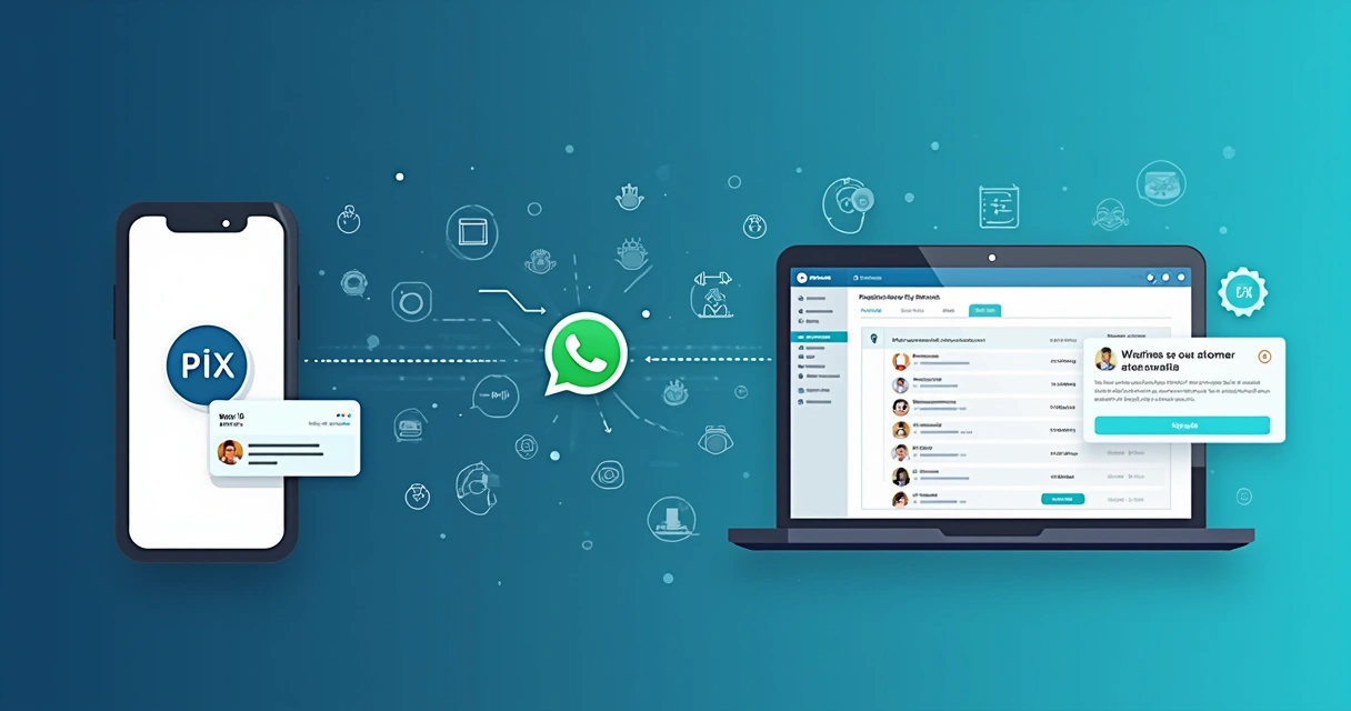 Fluxo visual de um pagamento Pix com baixa automática acontecendo entre cliente, WhatsApp e sistema 