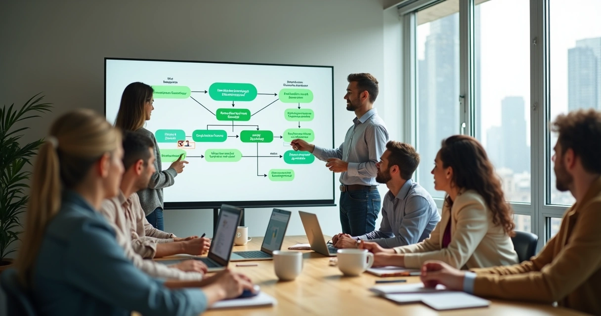 Fluxo de bot de WhatsApp desenhado em quadro branco digital em ambiente colaborativo 