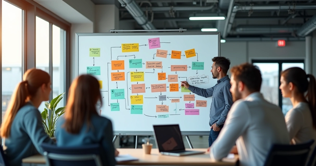 Fluxograma colorido de processo em empresa industrial 