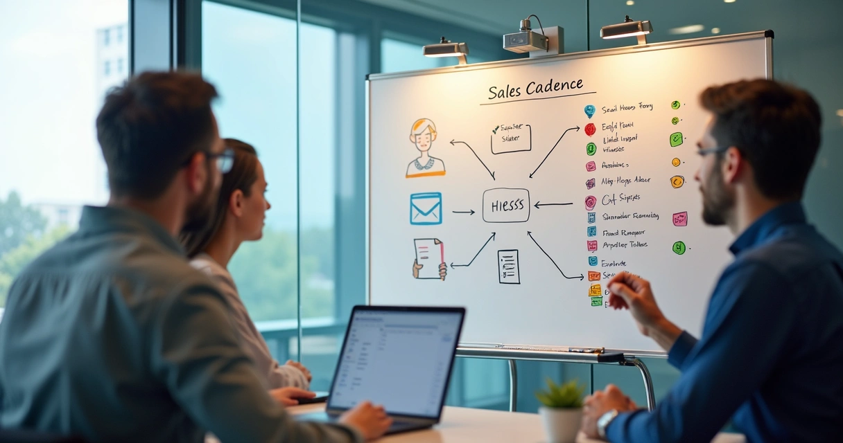 Fluxo de cadência de vendas exibido em quadro branco em sala de reunião 