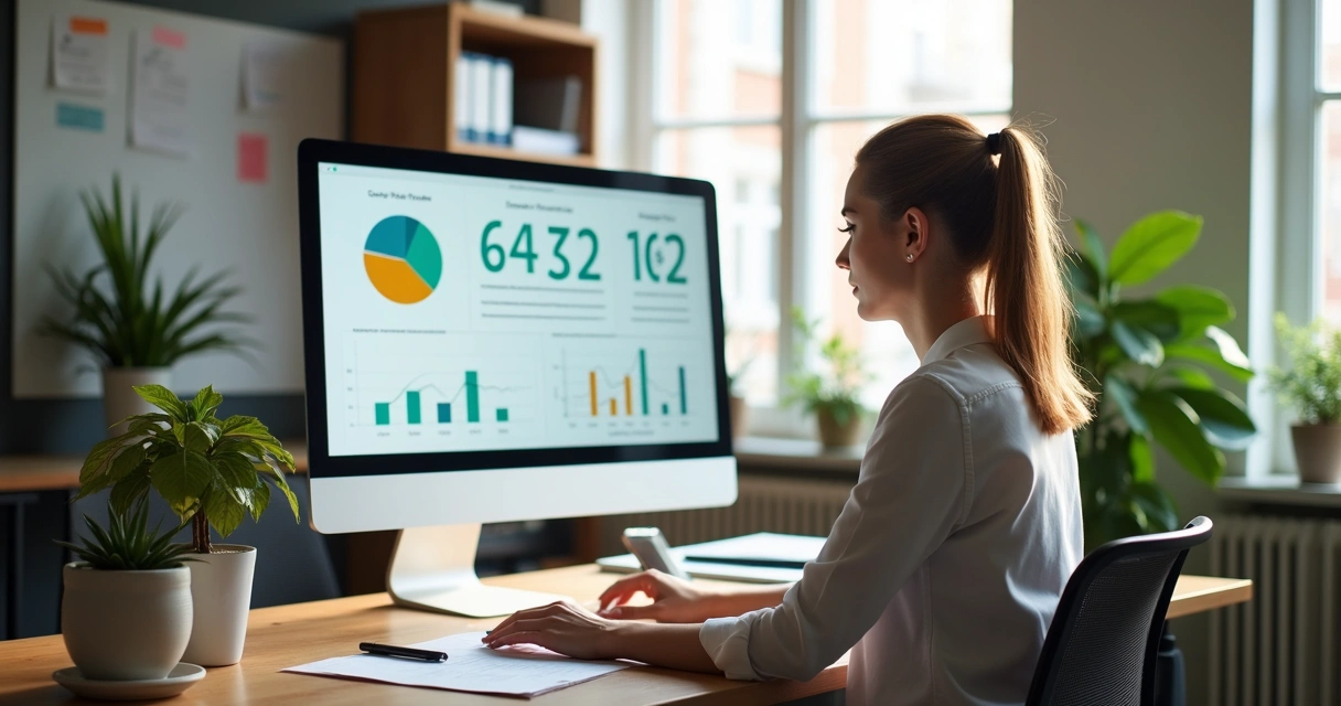 Gestora de agência digital analisando fluxo de caixa em monitor 